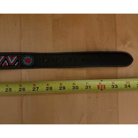 vtg liz claiborne Aztec Beaded Leather Western Belt Dark Brown Black red blue M main image 5